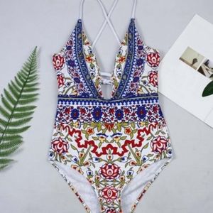 White & Red Arabesque Tie-Back One-Piece - Women